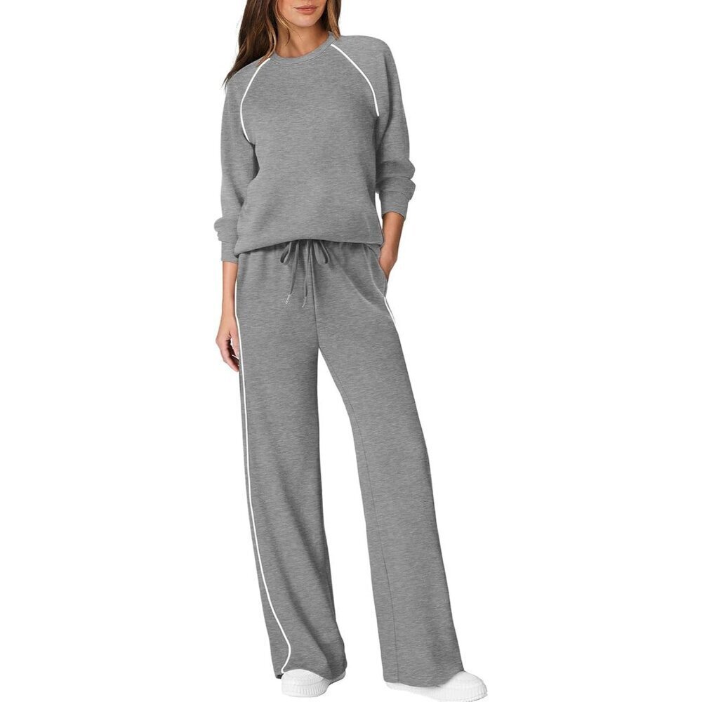 Women 2 Piece Lounge Set Sweatsuit Grey Small Wide Leg Pants Casual Dress